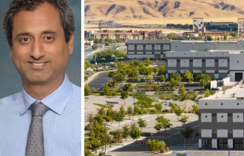 Rishi Thakkar, Dedeaux Properties’ senior director of investments, and a planned 510,000-square-foot project at the Tjon Ranch Commerce Center in California