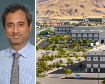 Rishi Thakkar, Dedeaux Properties’ senior director of investments, and a planned 510,000-square-foot project at the Tjon Ranch Commerce Center in California