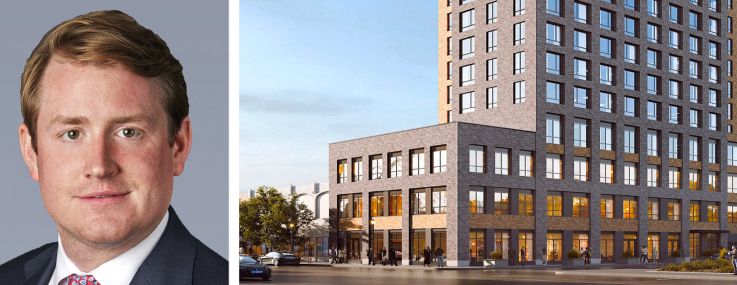 JLL's Rob Hinckley (top) and Peter Rotchford, and a rendering of 1333 Broadway, Brooklyn.