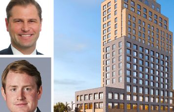 JLL's Rob Hinckley (top) and Peter Rotchford, and a rendering of 1333 Broadway, Brooklyn.