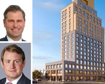 JLL's Rob Hinckley (top) and Peter Rotchford, and a rendering of 1333 Broadway, Brooklyn.