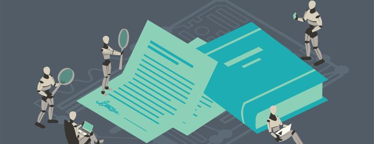 An illustration of robots examining documents.