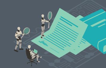 An illustration of robots examining documents.