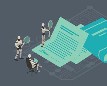 An illustration of robots examining documents.