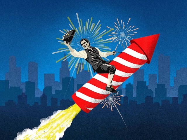 An illustration of a man in colonial era clothing riding a fireworks rocket into the sky.
