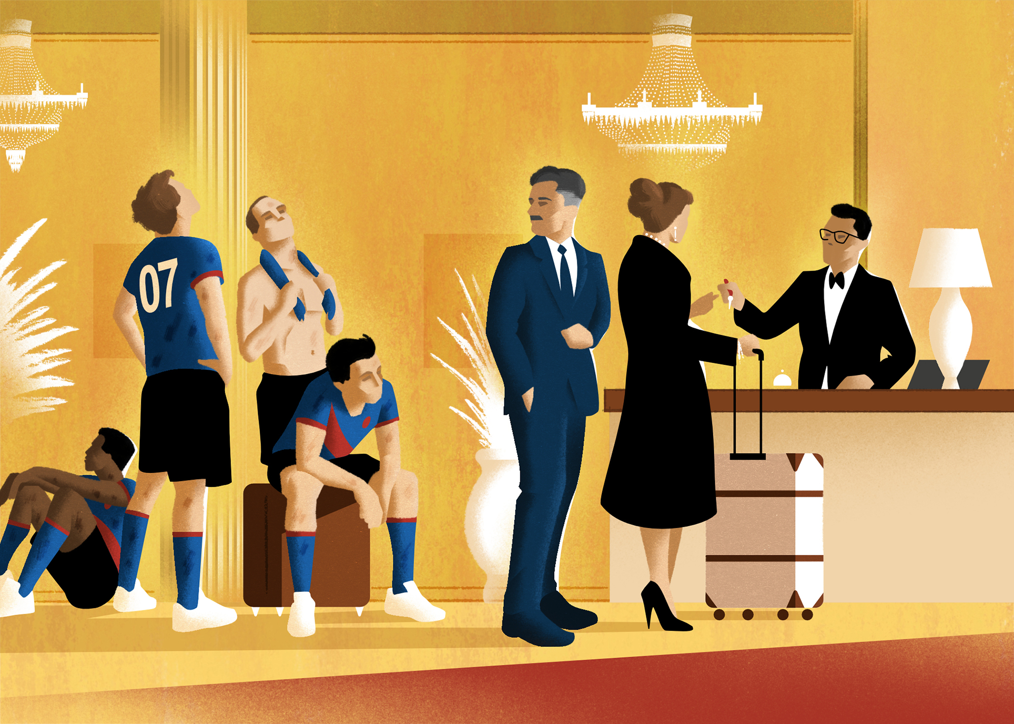 An illustration of soccer players waiting in a hotel lobby after a match.