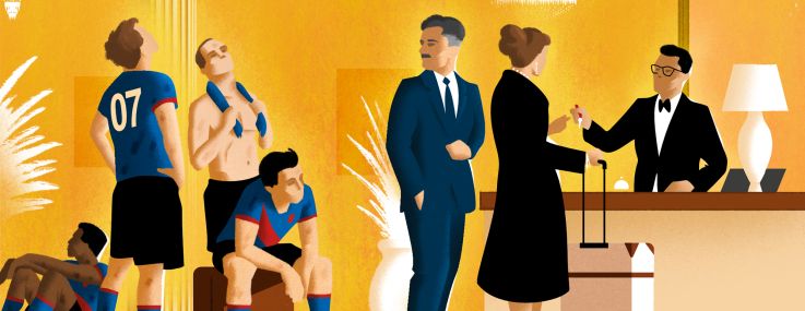 An illustration of soccer players waiting in a hotel lobby after a match.