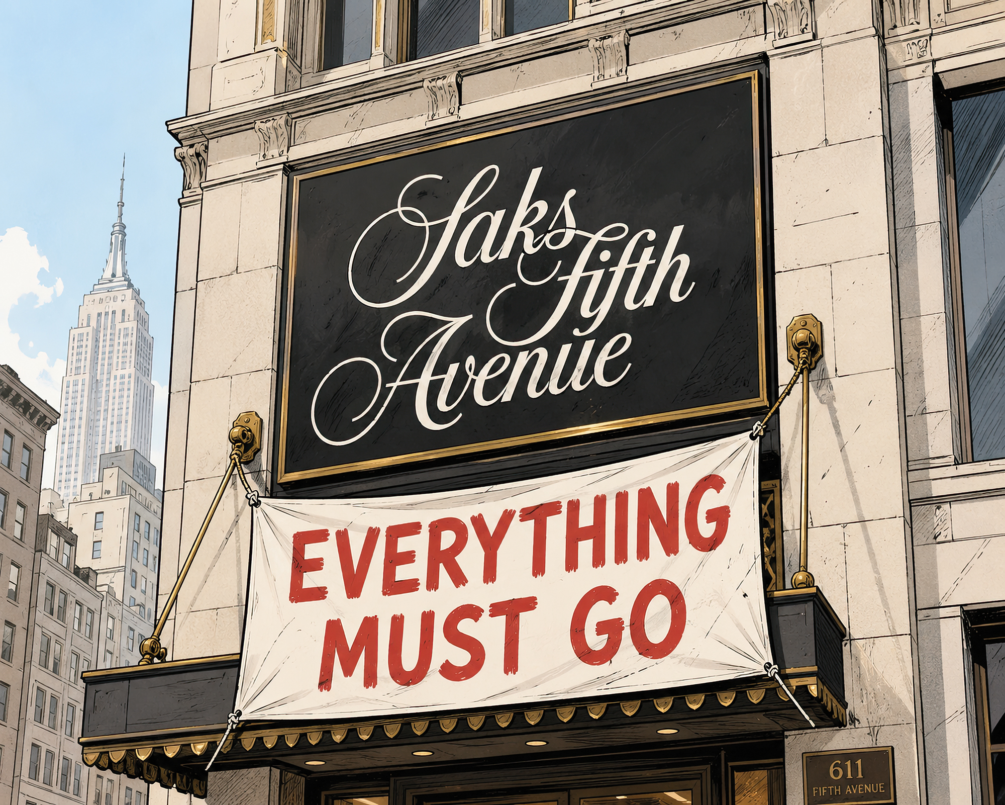 An illustration of an "Everything Must Go" banner hanging off a Saks Fifth Avenue sign.