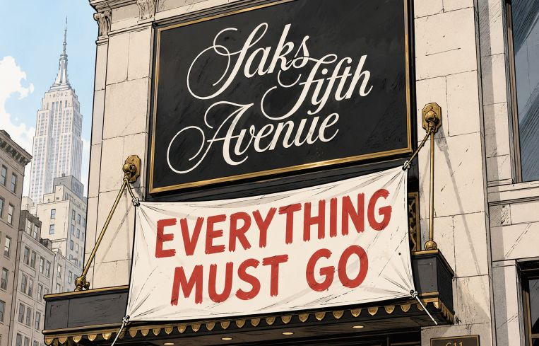 An illustration of an "Everything Must Go" banner hanging off a Saks Fifth Avenue sign.