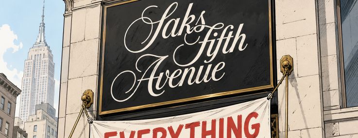 An illustration of an "Everything Must Go" banner hanging off a Saks Fifth Avenue sign.