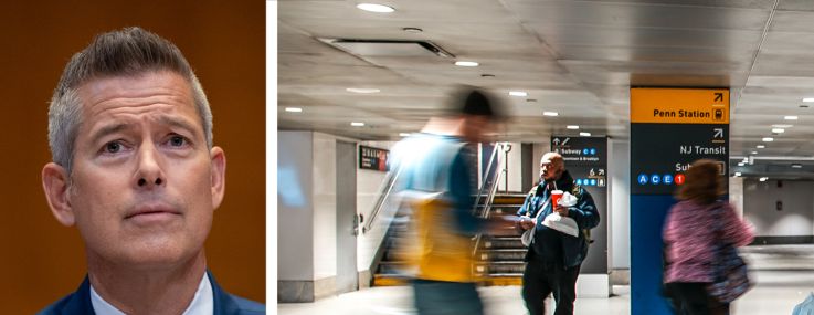 Transportation Secretary Sean Duffy (top), Special Advisor to the Amtrak Board Andy Byford, and commuters moving through Penn Station.