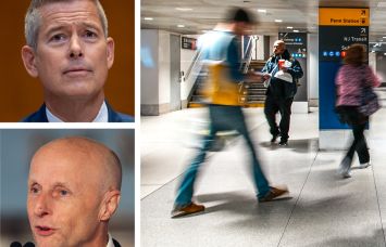 Transportation Secretary Sean Duffy (top), Special Advisor to the Amtrak Board Andy Byford, and commuters moving through Penn Station.