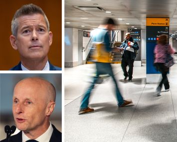 Transportation Secretary Sean Duffy (top), Special Advisor to the Amtrak Board Andy Byford, and commuters moving through Penn Station.