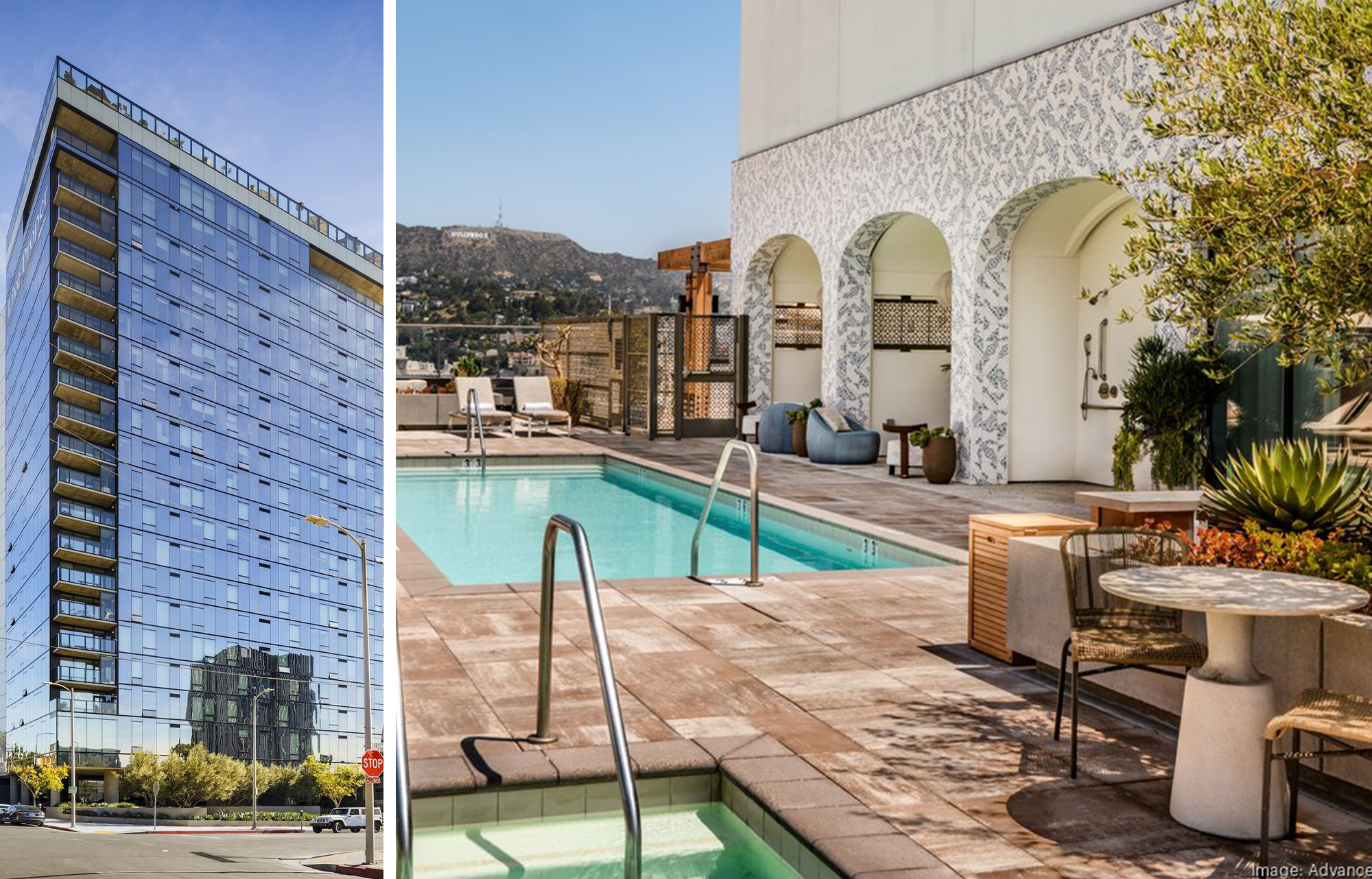 The exterior and rooftop pool view of the Sky Hollywood in Southern California.
