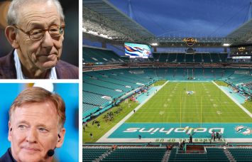 Miami Dolphins owner Stephen Ross (top), National Football League Commissioner Roger Goodell, and Hard Rock Stadium in Miami.