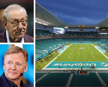 Miami Dolphins owner Stephen Ross (top), National Football League Commissioner Roger Goodell, and Hard Rock Stadium in Miami.