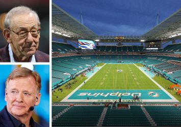 Miami Dolphins owner Stephen Ross (top), National Football League Commissioner Roger Goodell, and Hard Rock Stadium in Miami.