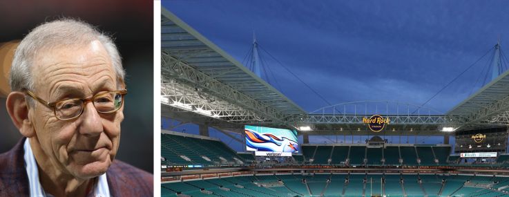 Miami Dolphins owner Stephen Ross (top), National Football League Commissioner Roger Goodell, and Hard Rock Stadium in Miami.