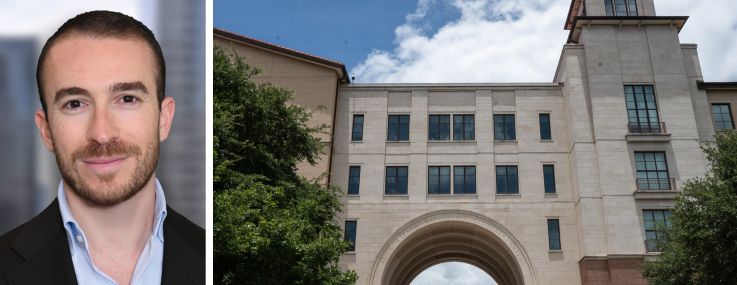 S3 Capital's Steven Jemal and students walking through the Texas State University campus in San Marcos, Texas.