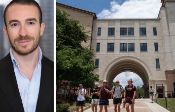 S3 Capital's Steven Jemal and students walking through the Texas State University campus in San Marcos, Texas.