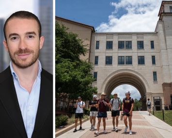 S3 Capital's Steven Jemal and students walking through the Texas State University campus in San Marcos, Texas.
