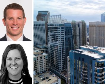 JLL Capital Markets's Taylor Allison (top) and Alexis Kaiser, and the skyline of downtown Charlotte, N.C.
