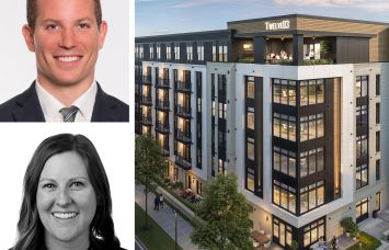 JLL Capital Markets's Taylor Allison (top) and Alexis Kaiser, and a rendering of Twelve03, a 329-unit multifamily community in Charlotte, N.C.