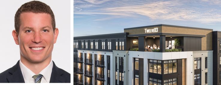 JLL Capital Markets's Taylor Allison (top) and Alexis Kaiser, and a rendering of Twelve03, a 329-unit multifamily community in Charlotte, N.C.