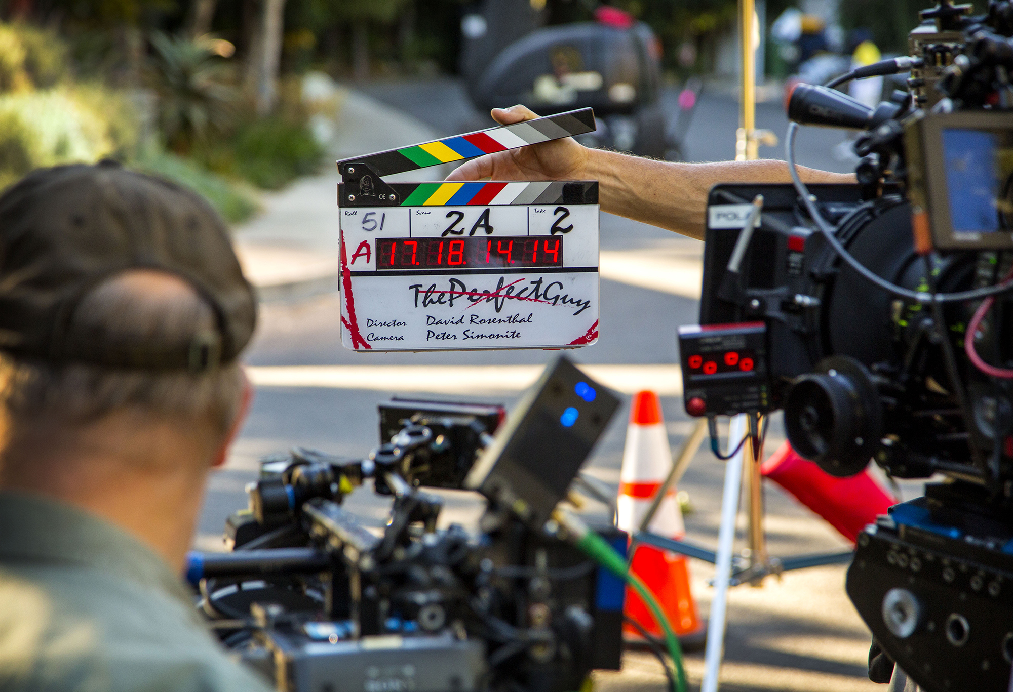 Clapboard to start a take on the set of a movie in the Hollywood Hills.