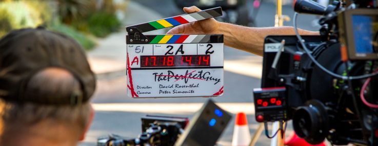 Clapboard to start a take on the set of a movie in the Hollywood Hills.