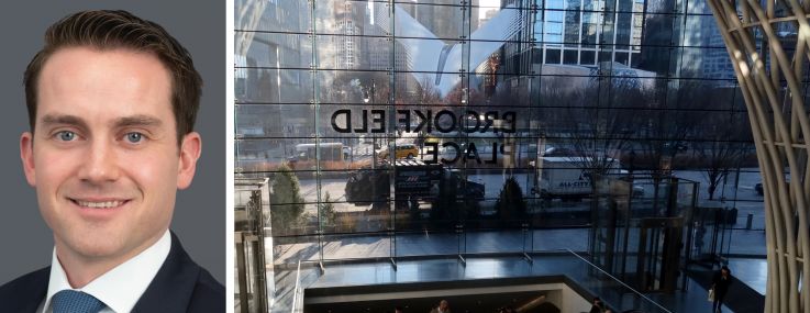Brookfield Asset Management CEO Connor Teskey and Brookfield Place in Manhattan.