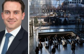 Brookfield Asset Management CEO Connor Teskey and Brookfield Place in Manhattan.