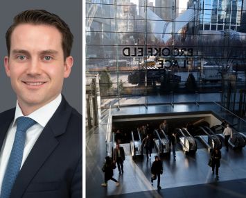 Brookfield Asset Management CEO Connor Teskey and Brookfield Place in Manhattan.