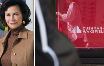Cushman & Wakefield CEO Michelle MacKay and the company's logo in the window of an available property.