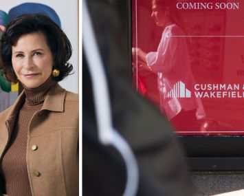 Cushman & Wakefield CEO Michelle MacKay and the company's logo in the window of an available property.
