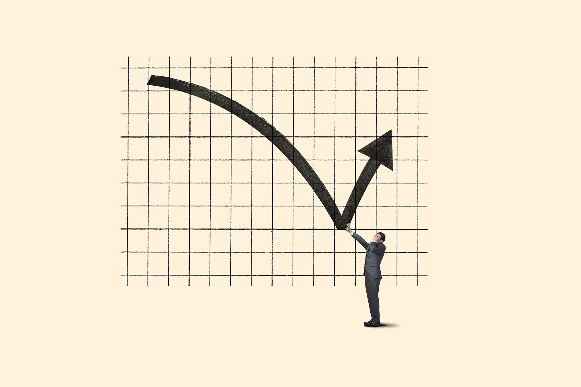 An illustration of an arrow changing direction as it bounces off a man's outstretched hand.