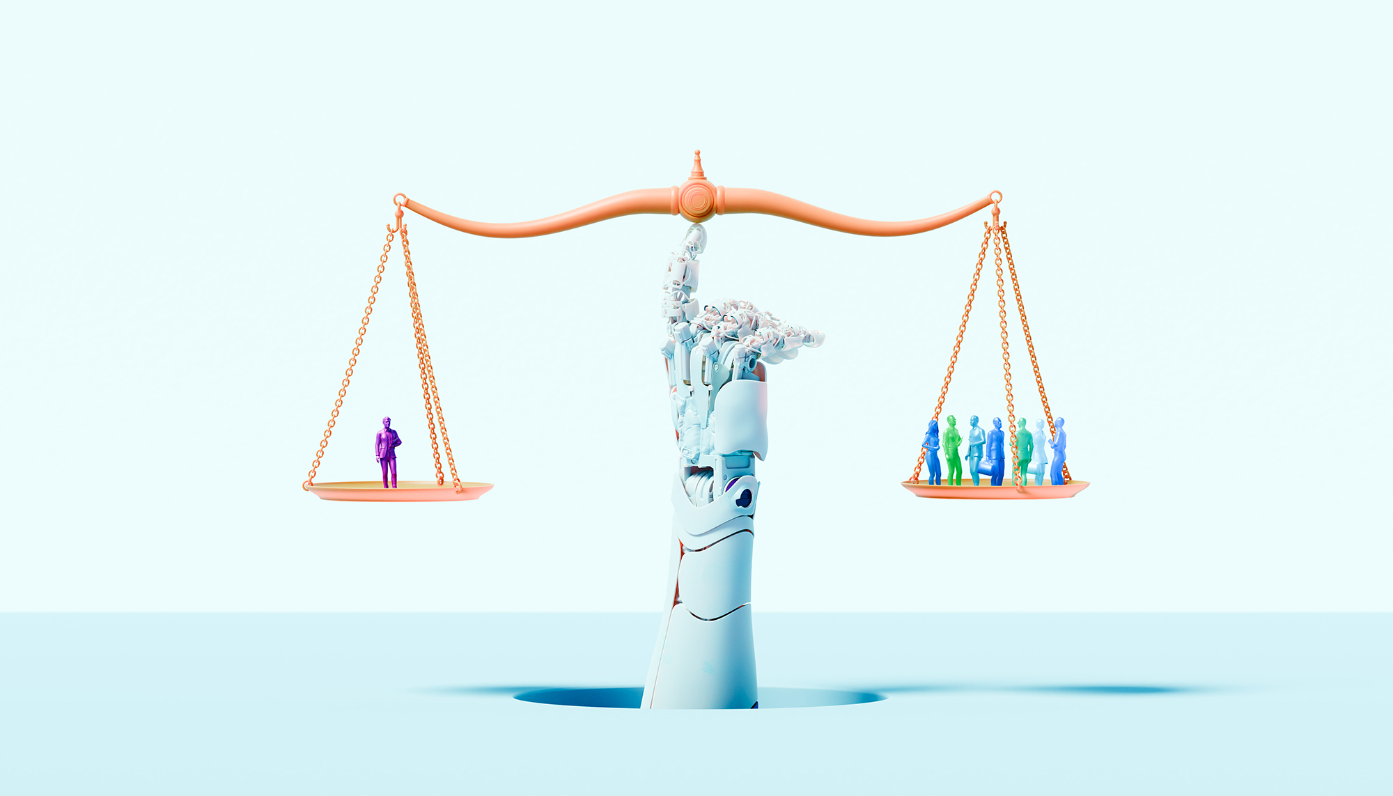 Illustration of a robotic arm emerging from a circular opening to balance a scale with people in each tray of the scale.