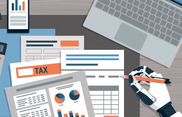 An illustration of a robot checking financial reports on the office desk.