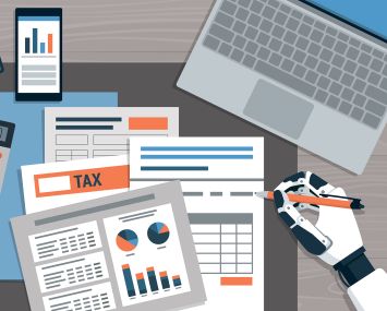 An illustration of a robot checking financial reports on the office desk.