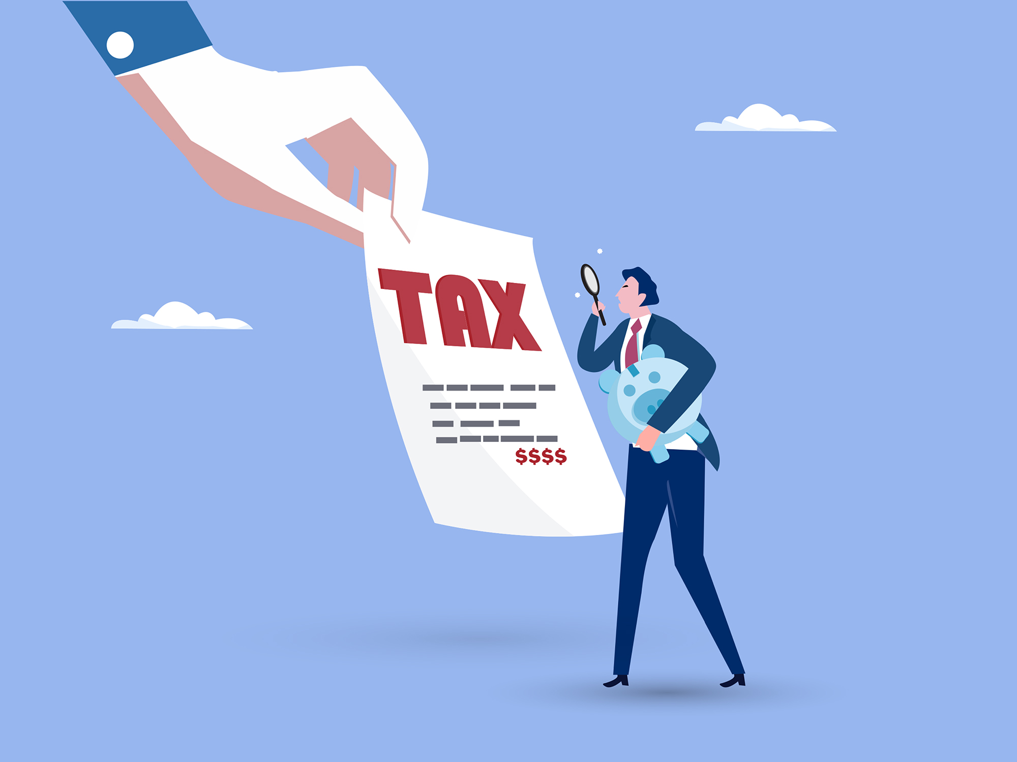 An illustration of a person looking at their tax bill.