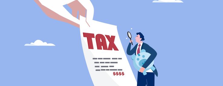 An illustration of a person looking at their tax bill.