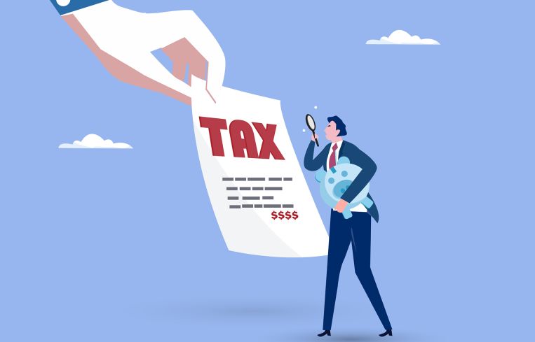 An illustration of a person looking at their tax bill.