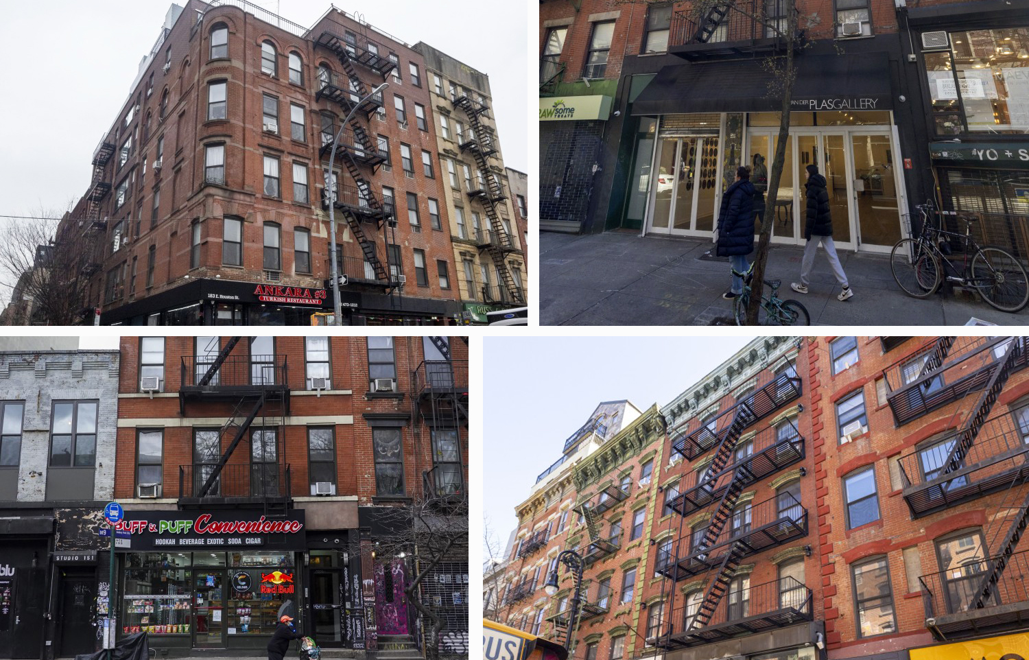 135 East Houston Street (clockwise from top right), 156 Orchard Street, 96 Orchard Street and 153 Avenue C.