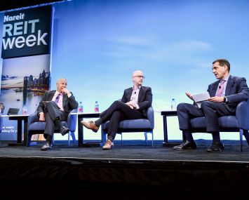 Sumit Roy (from left), president and CEO of Realty Income Corporation; Seth Carpenter, chief global economist at Morgan Stanley; Joseph Lupton, co-head of economic eesearch at JP Morgan and Andy Richard, co-head of global real estate banking at Citigroup.