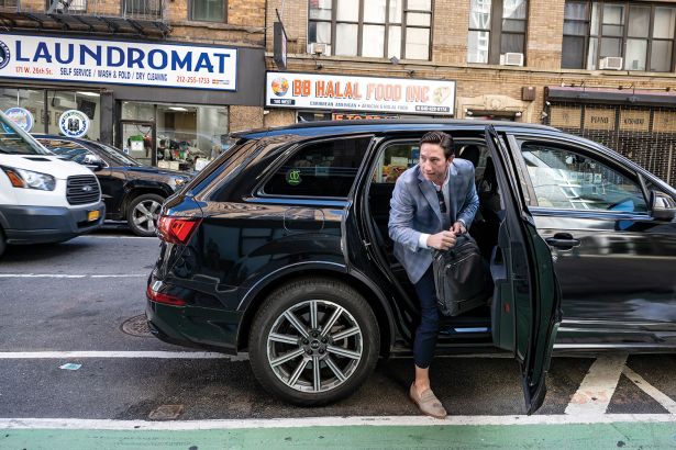 his way to coffee with client, Jonathan Korr, Managing Director at Fulcrum Hospitality LLC at Chelsea Tables on June 15, 2026 in Manhattan, New York.