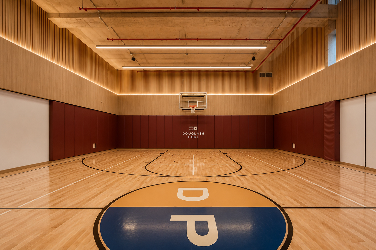 Amenities that are specific to the Douglass Port building include a rooftop lounge, gym, and full basketball court.