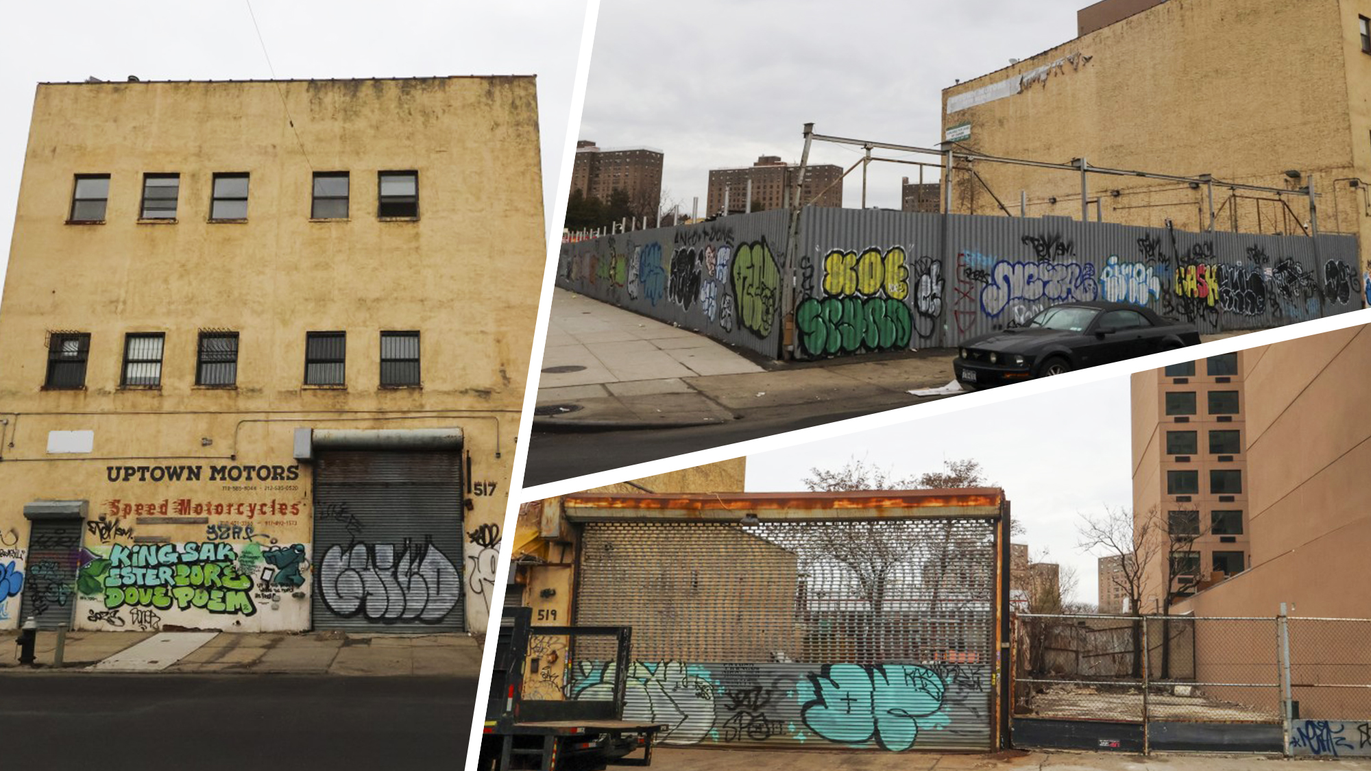 Clockwise from left: 517 East 132nd Street, 122 Bruckner Boulevard, and 521 East 132nd Street, in The Bronx.