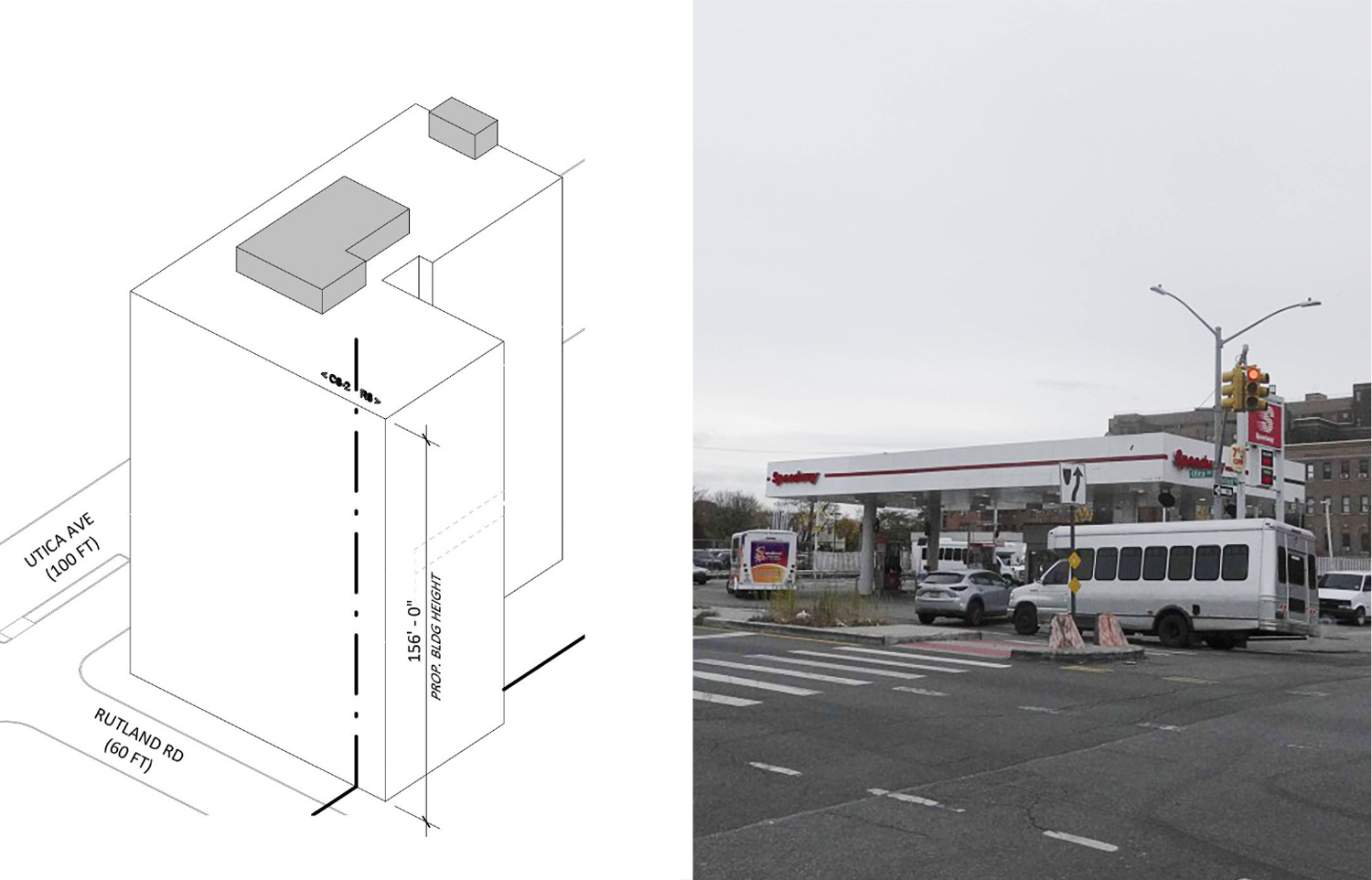 An axonometric diagram for planned construction at 530 Utica Avenue, Brooklyn, and the property in 2024.
