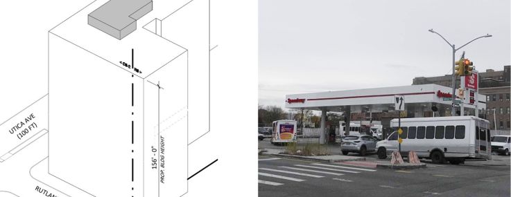 An axonometric diagram for planned construction at 530 Utica Avenue, Brooklyn, and the property in 2024.