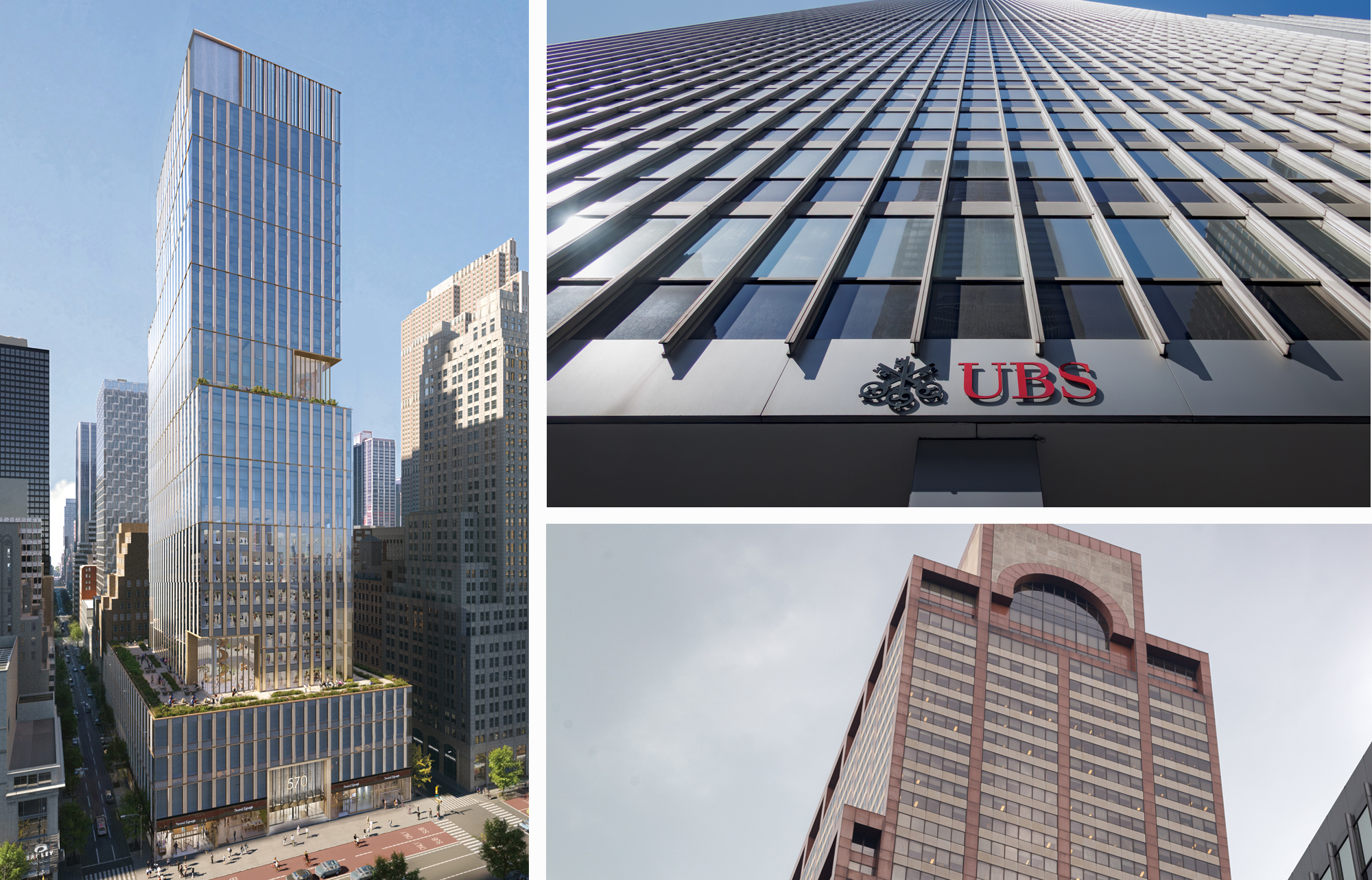 570 Fifth Avenue (left), 1285 Avenue of the Americas (top) and 787 Seventh Avenue.